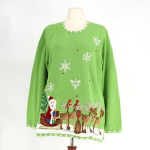 NWT QUACKER FACTORY Light Up Christmas Sweater Santa Claus Reindeer Holiday 1X